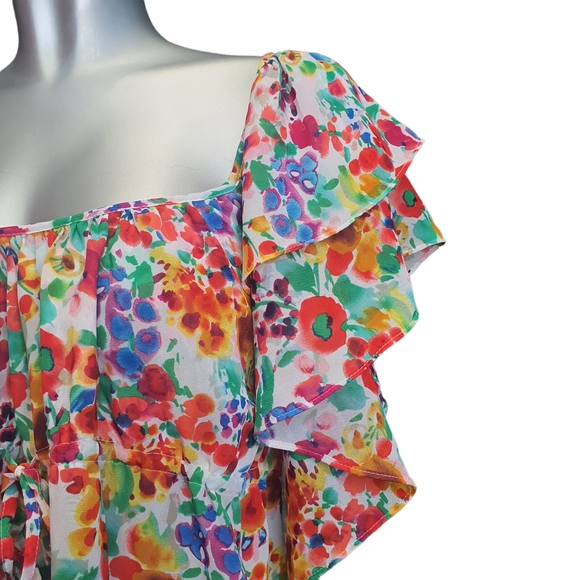 H&M Garden Collection Blouse Size 12 Watercolour Floaty Frill Top Milkmaid - Picture 3 of 9